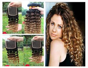 Maleisische diepe golf golvend ombre human hair extensions 1B 4 27 ombre haarweefselbundels met driekleurige ombre vetersluiting 4 stuks Lot4145049