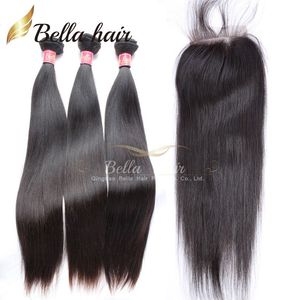 Peruviaanse haarbundels Virgin Menselijk Hair Extensions Straight Hairsweaves 3 stks met Sluiting Vrije Deel Natuurlijke Kleur Bellahair