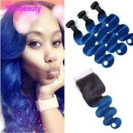 Maleisische Menselijk Haar 1B blauw 3 Bundels Met 4X4 Vetersluiting Met Baby Haar Body Wave 10-28 inch Haar Weeft 1b Blauw Body Wave276o