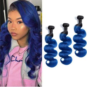 Cabello humano de Malasia 1B / Blue Ombre Virgin Hair 3 Bundles Body Wave 1B Blue Hair Extensions 12-28inch
