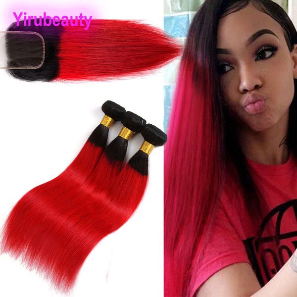 Cheveux humains malaisiens 1B Red Silky Straight 4 Pièces / lot Bundles Avec 4X4 Lace Closure 1B / Red Ombre Color Hair Extensions Straight Yiruhair