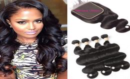 Cheveux humains malaisiens 4 paquets avec fermeture en dentelle 6X6 cheveux de bébé Extensions de vague de corps en trois parties centrales 6 par Six Closures7790784