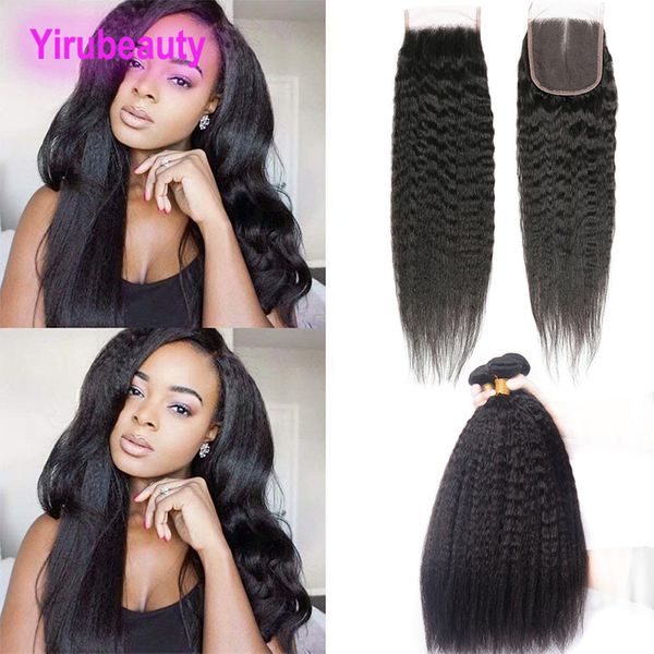 Cheveux humains malaisiens 4 pièces / lot Kinky Straight Natural Color Virgin Bundles de cheveux avec 4X4 Lace Closure Baby Hair Middle Three Free Part