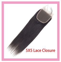 Cheveux humains malaisiens 5X5 fermeture à lacets cheveux vierges droits entier 5 par 5 fermeture avec des cheveux de bébé soyeux Straight9310208