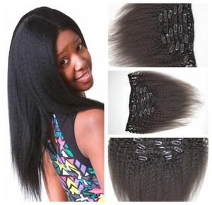 Maleisisch menselijk haar grof Yaki Straight 7PCSSET kinky rechte clip in human hair extensions natuurlijke zwarte clip hair extensions4669437