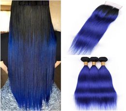 Malaisien Cheveux Humains Bleu Foncé Ombre Corps Vague Weave Bundles 3Pcs avec Fermeture 1BBlue Ombre Trames de Cheveux avec 4x4 Avant Dentelle Closu7065827