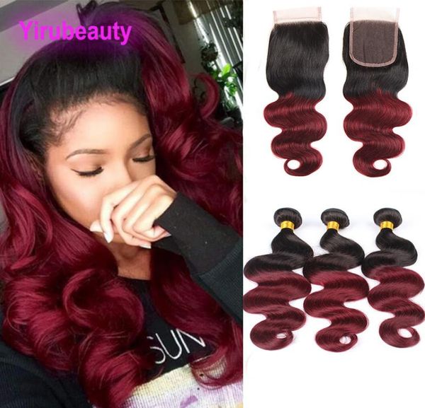 Extensions de cheveux humains malaisiens 1B99j couleur vague de corps 3 paquets avec fermeture à lacets 4X4 avec trames de cheveux de bébé 1224 pouces 1B99J TwoTo5732433