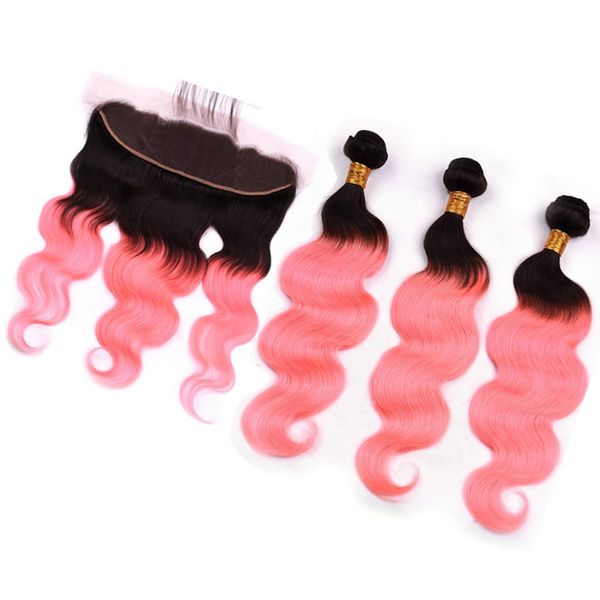 Cheveux humains malaisiens Ombre Rose Gold Body Wave 3Bundles avec Frontal # 1B / Pink Ombre Tissage de cheveux humains avec fermeture frontale en dentelle 13x4