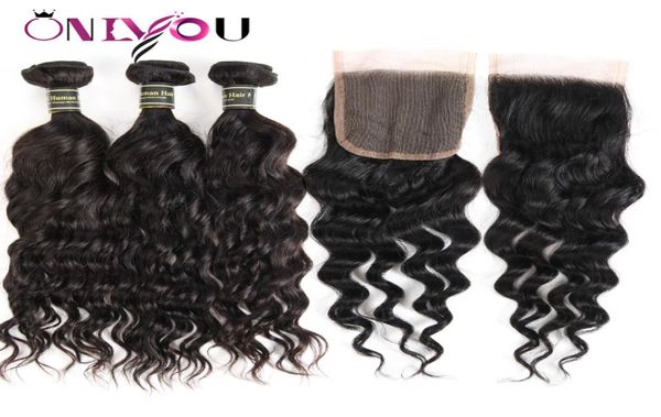 Bundles de cheveux de vague d'eau de fermeture de tissage de cheveux humains malaisiens avec fermeture couleur noire Extensions de cheveux de vague naturelle humide et ondulée Fact9563318