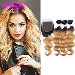 Maleisische Menselijk Haar Groothandel 3 Bundels Met 4X4 Vetersluiting Body Wave Hair Extensions Met 4 Bij 4 sluiting 1B/27 Kleur 10-28inch