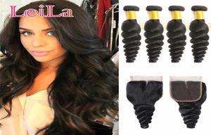 Mèches malaisiennes Loose Wave, 6 pouces, 28 pouces, avec fermeture en dentelle, en trois parties centrales, pour cheveux complets, couleur noir naturel, 1835331, 4 lots