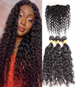 Malaisien Malasian Water Wave 3 Bundles avec dentelle frontale Extension de cheveux de vague d'océan faisceaux de tissage bouclés gonflables humains humides et ondulés 2394508