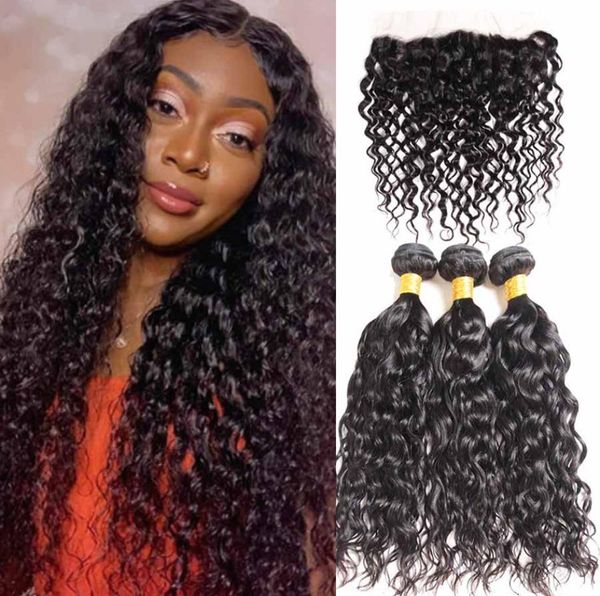 Malaisien Malasian Water Wave 3 Bundles avec dentelle frontale Extension de cheveux de vague d'océan faisceaux de tissage bouclés rebondissants humains humides et ondulés 4355869