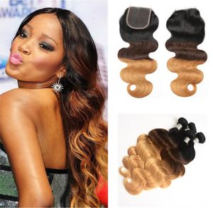 Maleisische Ombre Hair Weave Extensions met sluiting Body Wave Three Tone Ombre kleur T1b427 Dark Roots Blonde 3 bundel met Closu3853424