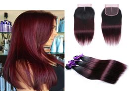 Malaisien Péruvien Brésilien Droit Ombre Bourgogne Couleur Cheveux Humains Weave 3 Bundles avec 4x4 Extensions de Fermeture en Dentelle 1B99J Om3136842