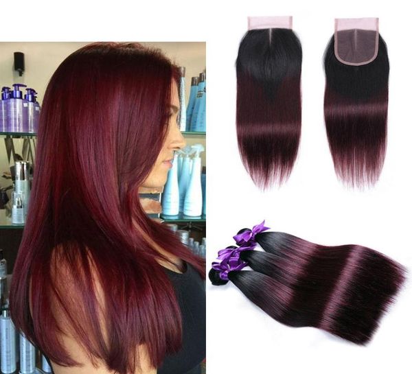 Malaisien péruvien brésilien droit ombre ombre bordeaux de couleur humaine de couleur bordeaux tisser 3 faisceaux avec des extensions de fermeture en dentelle 4x4 1B99J OM1489374