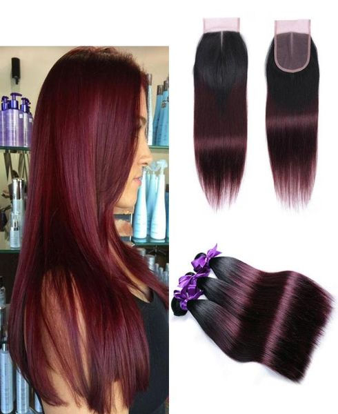 Malaisien péruvien brésilien raide ombre borgogne de couleur bordeaux de cheveux humains tisser 3 paquets avec des extensions de fermeture en dentelle 4x4 1B99J OM9919163