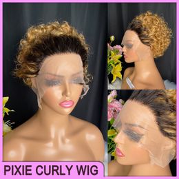 Maleisische Peruaanse Indiase Braziliaanse 1B27 100% rauwe maagdelijke Remy Human Hair Deep Wave Pixie Curly Cut 13x1 korte pruik P5