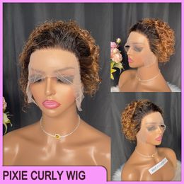 Malasia peruano indio brasileño 1b30 100% crudo Virgen Remy cabello humano onda profunda Pixie corte rizado 13x1 peluca corta