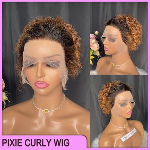 Maleisische Peruaanse Indiase Braziliaanse 1b30 100% Ruwe Maagd Remy Menselijk Haar Diepe Golf Pixie Krullend Cut 13x1 Korte Pruik