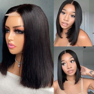 Perruque Bob malaisienne péruvienne indienne brésilienne couleur noire naturelle 100% brute vierge Remy cheveux soyeux raides 2x6 fermeture en dentelle transparente