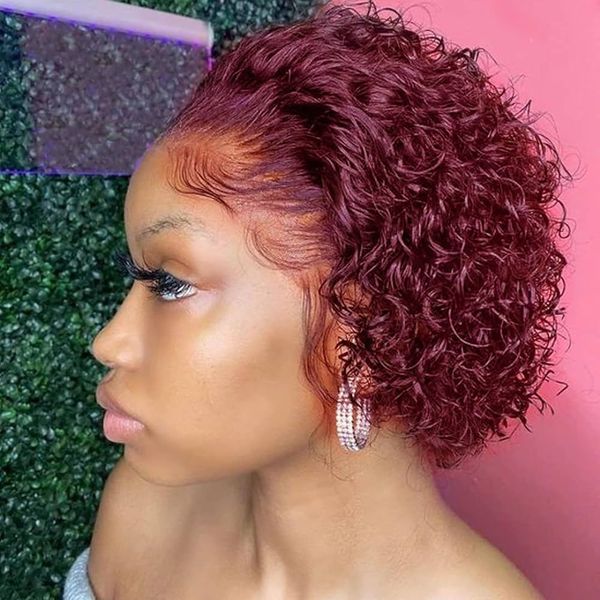 Malaisien péruvien indien brésilien vin rouge couleur 100% brut Remy vierge Remy cheveux humains bouclés coupe de lutin perruque courte régulière