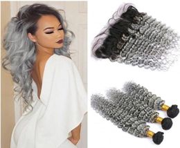 Bundles de cheveux humains malaisiens gris argenté ombré 3 pièces avec dentelle frontale 13x4 vague profonde Ombre 1B gris pleine dentelle frontale avec tissages7938486