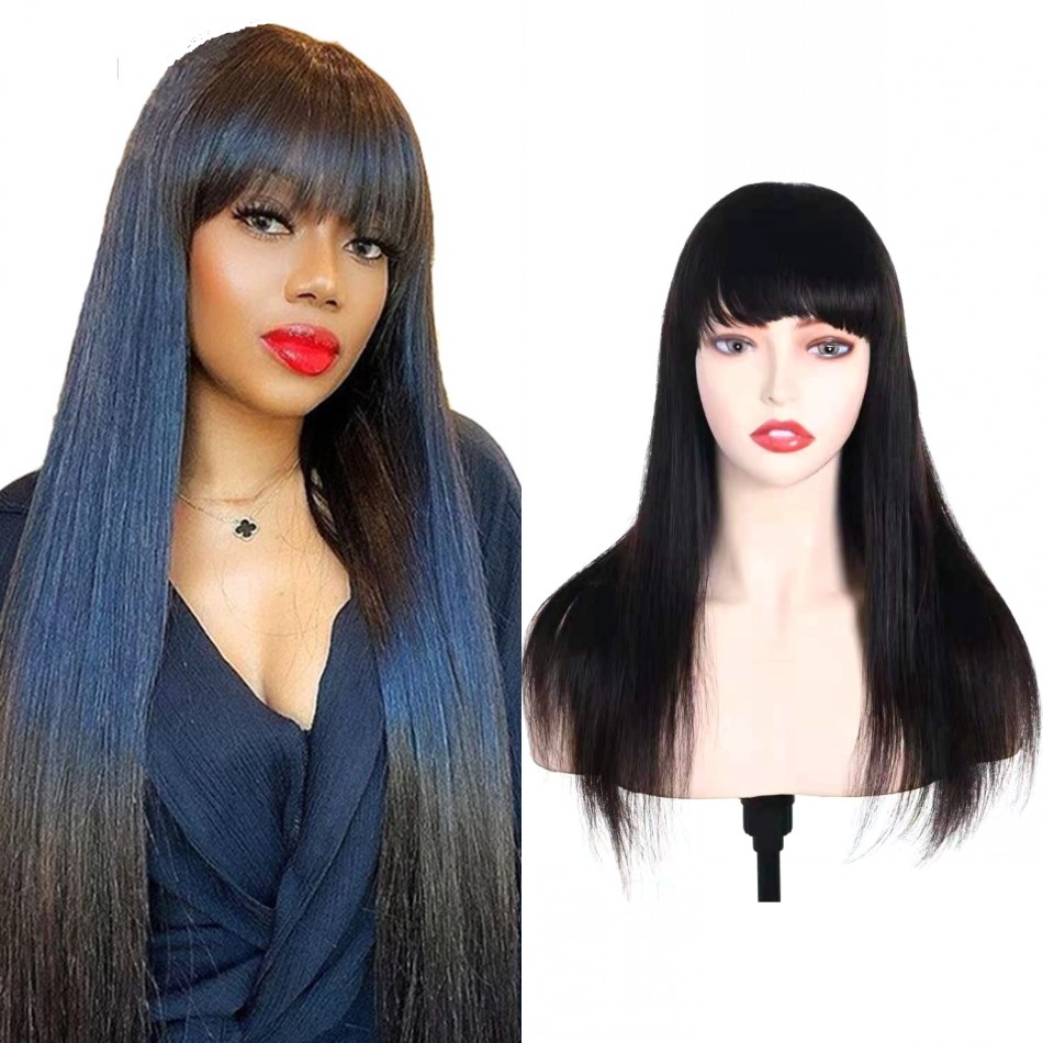Malaysian Straight Human Hair Wigs With Bangs 150% Natural Color Glueless Machine Made Wig For Women