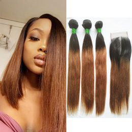 Maleisische t 1b / 30 Dark Root Medium Auburn Straight Ombre Menselijk Haar Weave 3 Bundels met 4x4 Kantsluiting Maleisische Virgin Hair Extensions