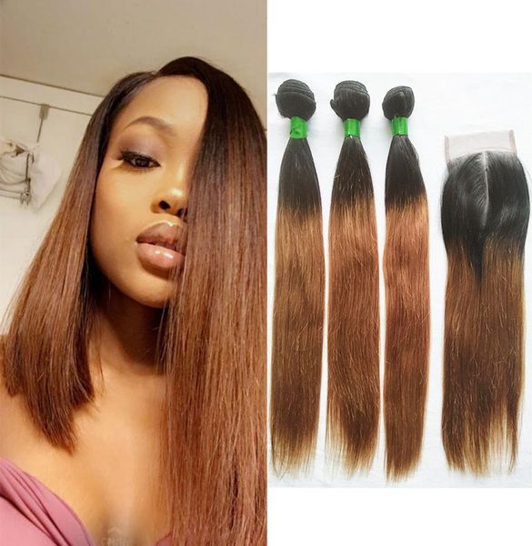 Malaisien T 1B30 Racine Foncé Moyen Auburn Droite Ombre Cheveux Humains Weave 3 Bundles avec 4x4 Dentelle Fermeture Malaisienne Vierge Cheveux Ex1947285