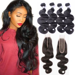 Extensions malaisiennes de cheveux humains non transformés 4 paquets avec fermeture à lacet 2X6 Extensions de cheveux de vague de corps avec fermeture 5 pièces/lot