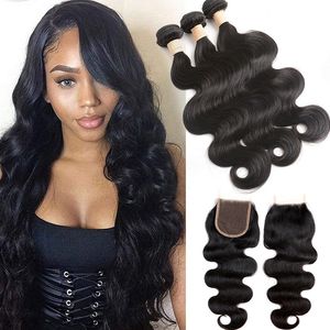 Extensions de cheveux humains malaisiens non transformés 4 pièces / lot produits de cheveux vierges de vague de corps faisceaux de 8 à 28 pouces avec fermeture à lacet 4X4 trame de cheveux de bébé