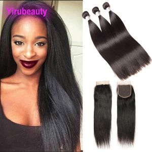 Maleisische Onverwerkte Human Hair Extensions 8-30inch 3 Bundels Met 4X4 Vetersluiting Middelste Drie gratis Deel Rechte Maagd Haar Inslagen