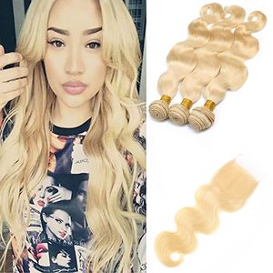 Maleisische Onverwerkte Human Har Body Wave 3 Bundels Met 4X4 Vetersluiting 613 # Blonde Virgin Hair Extensions Met 4X4 Sluiting Baby Haar