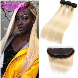 Malaysian Virgin Hair 3 paquets avec 13x4 dentelle frontale 4 pièces / lot Extensions de cheveux humains droits 1B / 613 Yirubeauty blonde