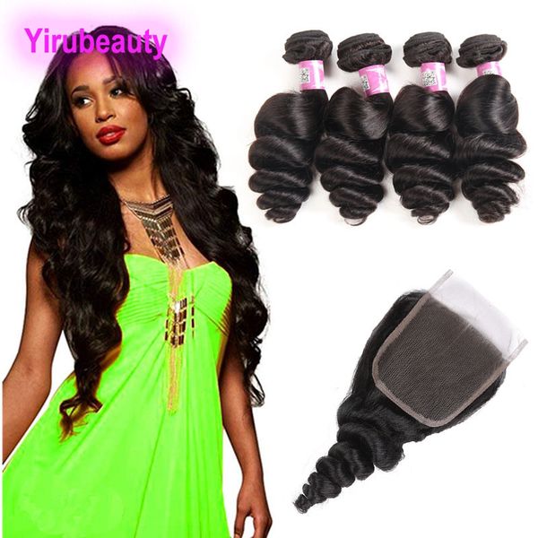 Extensions de cheveux malaisiens vierges au Crochet, lot de 4 avec fermeture en dentelle 4x4, Loose Wave, 8 à 28 pouces, couleur naturelle 9A