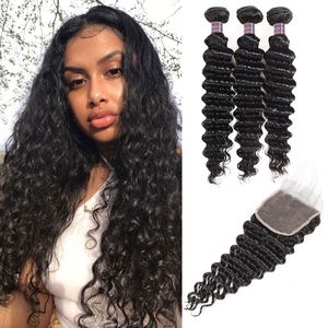 Malaisienne Vierge Cheveux Vague Profonde 3 Faisceaux Avec Fermeture En Dentelle 4x4 Non Transformés Extensions De Cheveux Vierges Faisceaux De Cheveux Humains Indiens avec Fermeture