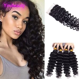 Yirubeauty – mèches malaisiennes naturelles vierges, cheveux humains, Deep Wave, avec Closure 4x4, trames de cheveux, avec Lace Closure 4 par 4, avec Baby Hair, 3 lots