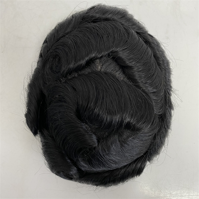 Malaysian Virgin Human Hair Hairpieces 8x10 #1 Jet Black Color 32mm Wave Hollywood Mono Toupee Front Lace Unit for Men