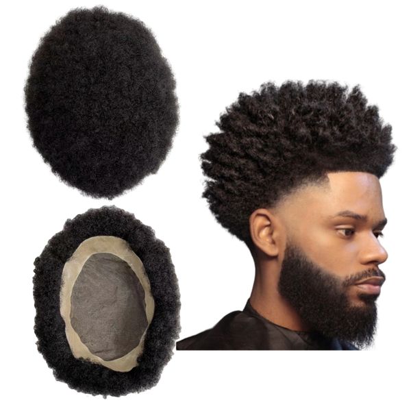 Remplacement des cheveux humains vierges malaisiens 4 mm Afro Curl mono topper Toupee pour hommes noirs