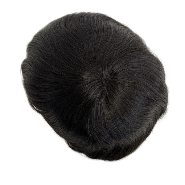 Reemplazo de cabello humano virgen de Malasia, recto sedoso # 1b, peluquín negro natural, unidad completa de encaje 8x10 para hombres