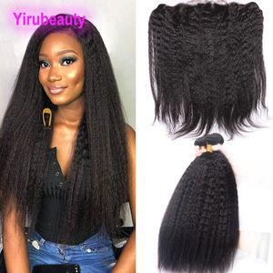 Trames de cheveux humains vierges malaisiens avec 13X4 dentelle frontale bébé cheveux crépus droite 4 pièces/lot faisceaux fermetures frontales en gros