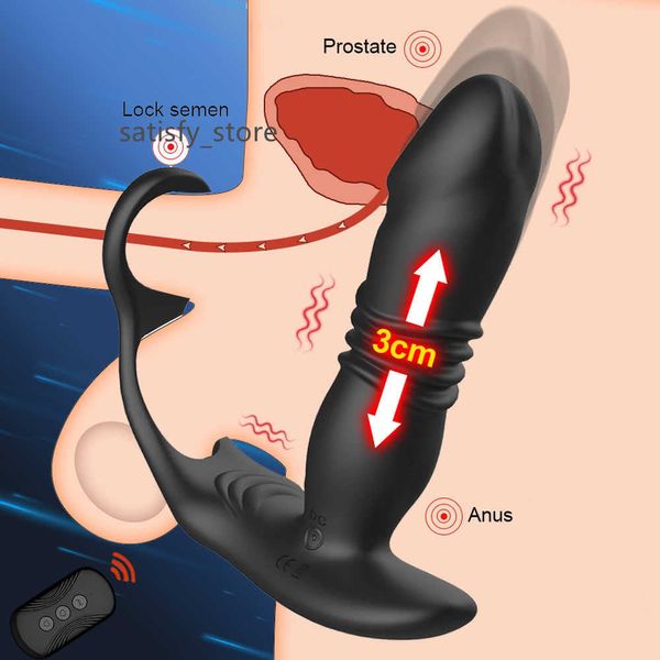 Jouet masseur de vibrateurs anaux masculins avec bouchon de bite à deux bagues avec 3 modes de vibration 3 Thrust 12 poussant la prostate masseur de la prostate
