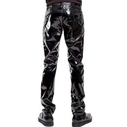 Mannelijk zwart lakleer motorcyle motorbroek glanzen midden taille rechte broek pant man nat look look rave party clubkleding 240419