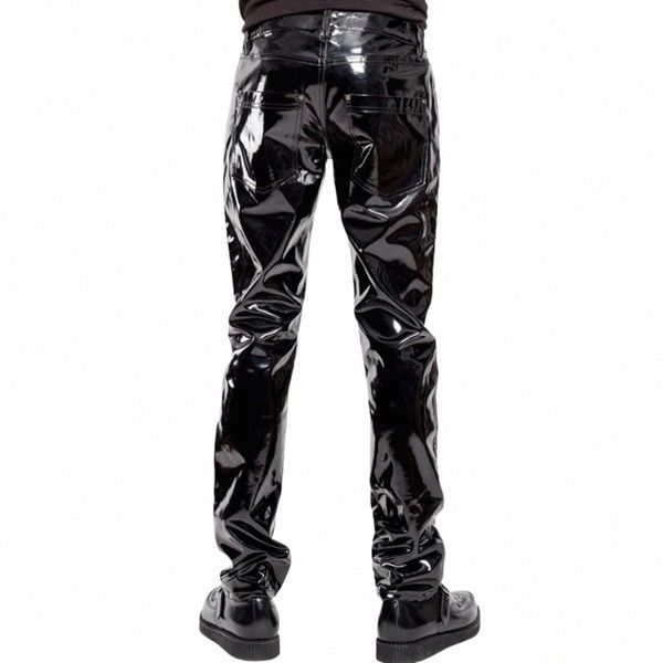 Pantalon de motard en cuir verni noir pour hommes, brillant, taille moyenne, pantalon droit, pantalon en cuir, look mouillé, Rave Party Clubwear, U6yR #