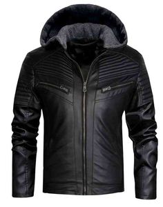 Chaqueta de cuero con capucha con estilo informal de corte ajustado negro para hombre