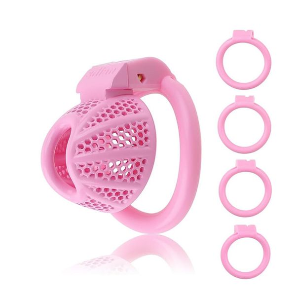 Dispositif de chasteté pour homme Cage à coq Miyoti mise à niveau super petite cage de chasteté en métal rose léger avec 4 tailles différentes anneaux en plastique amovibles jouets sexuels pour Sissy