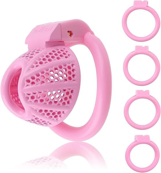 Dispositif de chasteté pour homme Cage à coq améliorée, super petite cage de chasteté en métal rose légère avec 4 tailles différentes, anneaux en plastique amovibles, 2 clés, jouets sexuels pour Sissy