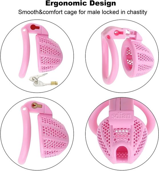 Cage de bite de dispositif de chasteté mâle - Cage de chasteté de résine rose légère et petite mise à niveau avec 4 cages en plastique amovibles différentes, 2 touches,