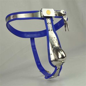 Dispositif de chasteté masculine modèle-Y bleu ceinture en acier inoxydable ceinture de chasteté réglable avec pénis Cage sex toys J1035